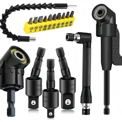 【FathersDayGift】17Pcs Flexible Drill Bit Extension, Include 3Pcs Rotatable Socket Adapter 2Pcs Hex Shank 105° Right Angle Drill Attachment 10 Short Screwdriver Bits 90° Angled Bits and Bendable Extension