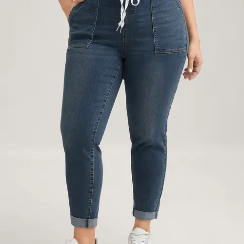 BloomChic Women's Plus Size [M-6X] Cotton Denim Jeans - High Waisted Elastic Drawstring,Dark Blue, Skinny Fit, Drawstring Elastic Waist, Roll Hem, Above Ankle Length, Slanted Pockets, Bottom Womenswear,,back to school shopping[M-6X]Back To School,Fall Pic