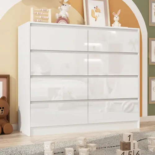 8-Drawer Modern High Gloss Bedroom Dresser Storage Cabinet - Handle-Free Drawers Cabinet, MDF Panels 8-Tier Chest of Dresser, Clothing Organization Furniture for Bedroom Decor