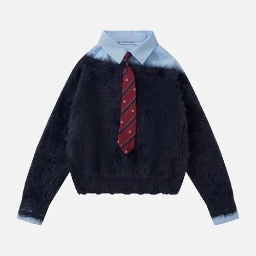 Aelfric Eden Men's 2-Layer Tie-Front Knit Pullover, Unisex Streetwear Clothes with Mock Shirt Collar, Faux Fur, Oversized Fashion Menswear, Warm Longsleeves 2000s Clothes Top,sohochic