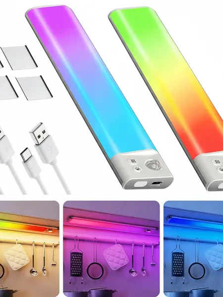 Ultimate RGB Motion Sensor Night Light Bar — Smart under cabinet lights with gradient RGB & soft white modes, 1500mAh rechargeable design, magnetic no-drill install, perfect for kitchen, wardrobe, stairs, bathroom and stylish holiday home décor