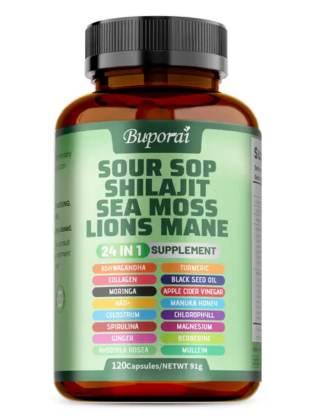 Buporai #BackToSchool Soursop Dietary Supplement for Adults, 24-in-1 Antioxidant Boost Mushroom Blend (Shiitake, Seaweed, Lion's Mane), 120 Capsules/Bottle, Supports Skin & Bone & Joint Health