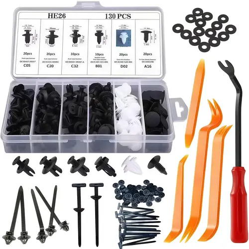 130-Pc Corrosion-Resist Universal Bumper Clip & Rivet Set - No-Rattle Car Fix, Replacement Push-In Trim Fasteners & Clips, Removal Plier, Zip Ties, Portable Automotive Repair Tool Kit, Vehicle