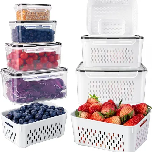 8/10/12 Pcs Large Fruit Containers for Fridge, Stackable Food Storage Containers with Removable Colander, BPA-Free, Airtight Storage Container to Keep Fruits, Vegetables, Berry, Meat Fresh longer