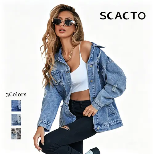 Scacto Women's Baggy Ripped Boyfriend Cotton Jean Jacket - Casual Long Sleeve, Button-Front, Pockets, Frayed Fringe Hem, Everyday Wear for Dating, Work