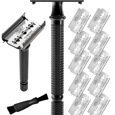 Long Handle Double Edge Safety Razor - Butterfly Open Razor with 10 Japanese Stainless Steel Double Edge Blades - Close, Clean Shaving Razor
