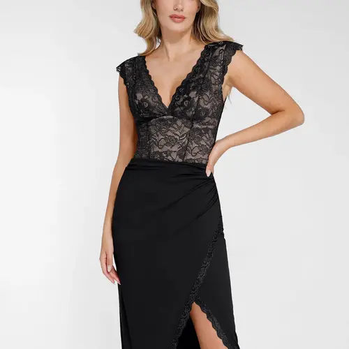 Popilush Lace Built-in Shapewear Set Deep V-Neck Bodysuit Detachable Skirt Tummy Control Adjustable Womenswear Vneck Elegant-Creator Live