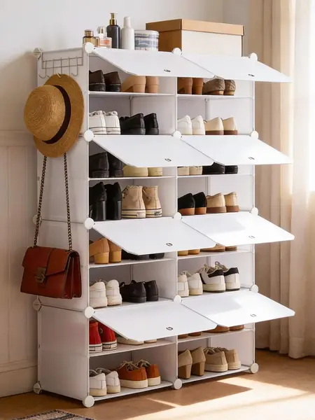 Sweetcrispy S-Shoe Rack Organizer - 6/8-Tier, 24/32-Capacity, Sturdy Metal Frame, Black & White Plastic Panels, Side Hooks, Waterproof, Durable Reinforced, Easy Installation, Storage Organization, House Organizers, Apartment Accessories, for Entryways