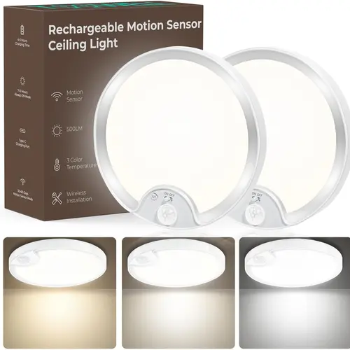 SohoChic 2-Pack 8000mAh Rechargeable Plastic Motion Sensor Ceiling Lights, 500LM IP54 Waterproof Wireless Battery-Operated Fixtures, Wireless Setup Saves Costly Wiring, Stay On Mode, Father's Day Gift (9-16 ft Sensing Entryway Lighting)