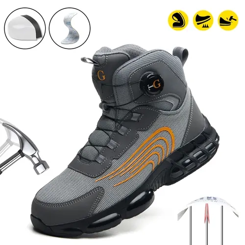 Men's Mid-Top Industrial Work Footwear, Lightweight Breathable Striped Fabric Lace-Up Sneakers with Composite Round Toe, Puncture-Resistant TPU Sole, Ankle Protection, Slip Resistant for Outdoor All-Season Use, Flexible Safety Work & Safety Footwear, Shoe