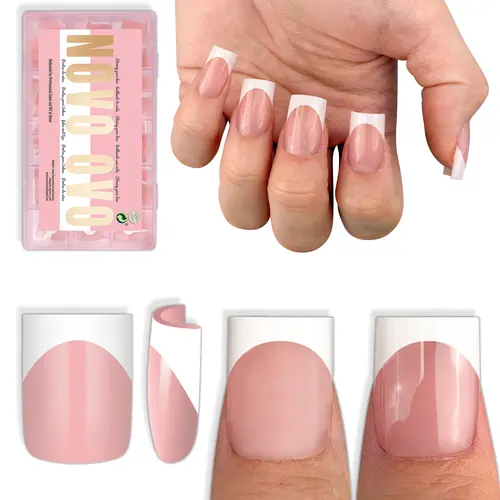 NOVO OVO Short Sharp Square White French/Pure Tip Nail Tips Press on , Need Builder Gel Top Coat Nail Glue, Soft Gel Fake Nail Extension, Full Cover False Nails for Salon DIY 【No glue or UV light】, Press On Nails, Nail Press On Nails, Gel Nails At Home,so