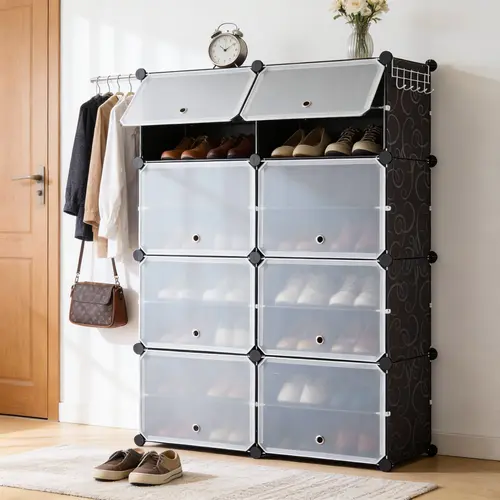 Sweetcrispy Shoe Cabinet Storage Organiser - 6/8-Tier Rack with 24/32 Capacity, Side Hooks, Sturdy Metal Frame, Black & White Plastic Panel Shelves, Closet Organizer, Wardrobe Dorm Room & Apartment Stuff Extended Dorm Storage Solutions