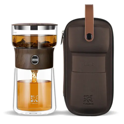 ZENS 1-Touch 270ml Borosilicate Glass Teapot Set - Kitchenware, Loose Leaf Infuser, Double-Walled Mug, Travel Case, Portable Steeper, Travel Ready, Ideal for Office Desk & Tea Lovers,sohochic