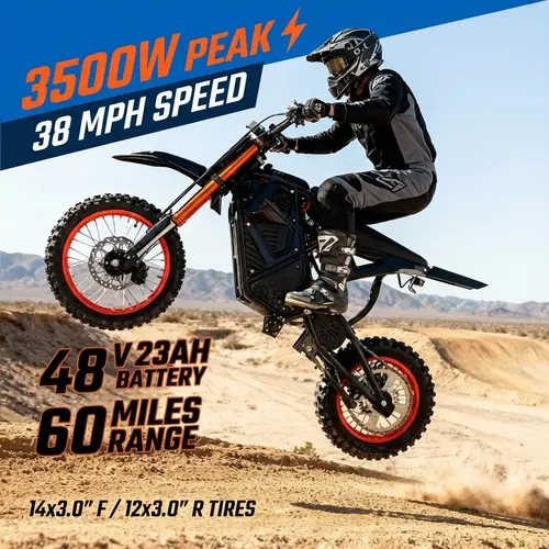 ESKUTE Nova Unisex Off-Road Electric Dirtbike for Adults - 3500W Motor, 220nm Torque, 38 MPH, Fastcharging 60-mi Range Lithium Battery, Steel Frame, 14"/12" Wheels, Hydraulic Brakes, Agile Dirt Biking Active Play Ebike
