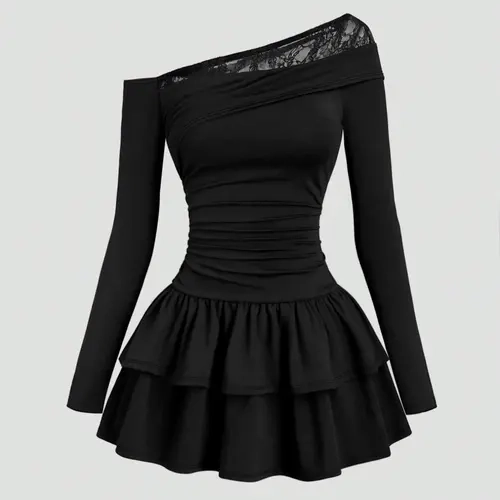 Women's French Vintage Lace Patchwork Off-Shoulder Ruched Waist Double Layer Cake Skirt Elegant Formal Style Slim Long Sleeve Elegant Fashion Dress Womenswear Lady