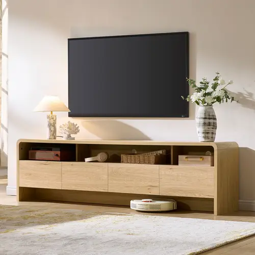 AMERLIFE 70" Modern Rectangle Wood TV Stand - Sturdy Stable Furniture for TVs Up to 80", Curved Profile Design, 2 Storage Cabinets, Assembly Required, Living Room Media Console Gift Idea #SohoChic