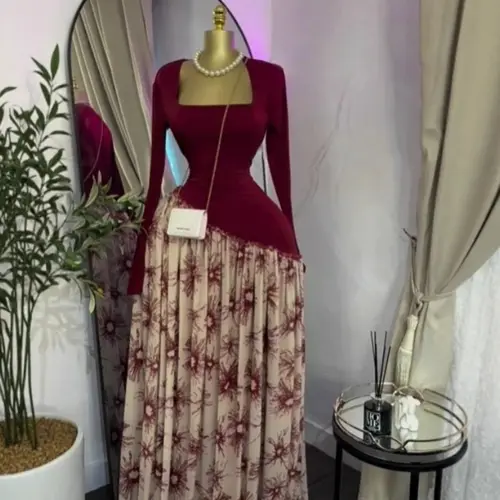 Women's PULKRITU Elegant Floral Printed Long Sleeve Dress, Elegant Fashion Chic Square Neck Dress, Sexy Evening Gown for Birthday, Holiday and Special Occasions