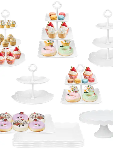 11Pcs Lightweight Round Food-Safe Dessert Table Decor Set - White Cupcake Stands (3-Tier, 2-Tier), 10" Plastic Cake Stand, Serving Trays for Wedding, Birthday (8" Cake Capacity)