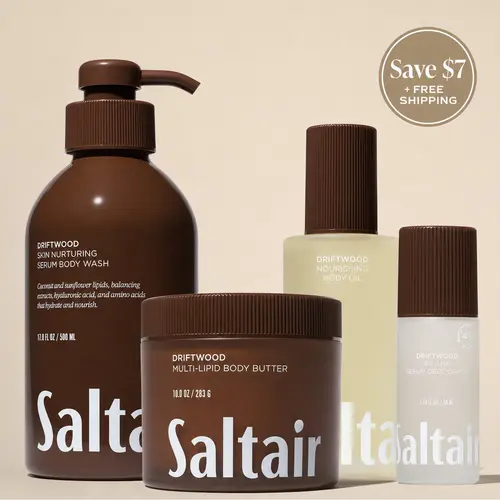 Saltair Driftwood Bodycare Vault Set - Serum Body Wash (17 fl oz), Serum Deodorant (1.7 fl oz), Nourishing Body Oil (4 fl oz) & Multi-Lipid Body Butter (10 oz) Bundle for Soft, Glowing Skin -  Bergamot, Sage, Driftwood.