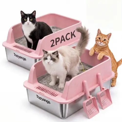 Topyangs 2-Pack Value XL Stainless Steel Litter Box - High-Sided Anti-Splashing Litter Pan with Free Scoop, Durability, Easy Cleaning for Multi-Cat Households, Litterbox,sohochic