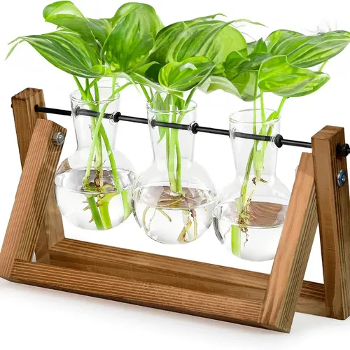 Retro Wooden Plant Propagation Station with 3-Bulb Vases - Wood-and-Glass Design, C-Shaped Bracket, Hydroponics Terrarium for Home Office Desk Decor, Women's Gift, Indoor Planters, Potted Plant Stand, Easy Clean Water Swaps (Home Supplies, Vase & Fillers)