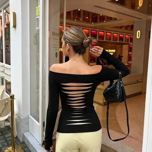 Women's Fashion Plain Hollow Out One-Shoulder Long Sleeve, Fitted Casual Fashion, Spring & Fall Casual Trendy Style, Perfect for Daily Wear, Travel