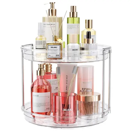 2-Tier Rotating Makeup Organizer, Lazy Susan Perfume Organizer Bathroom Organizer, Spinning Skincare Organizer, Cosmetic Display Case with Brush Holder Perfume Tray, Multi-Function Storage Carousel for Vanity Bathroom Countertop mothersdaygift