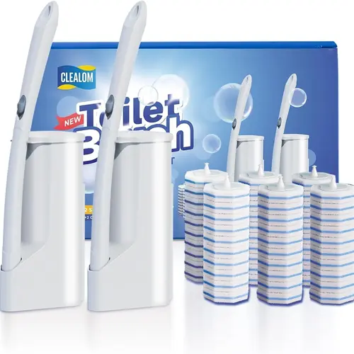 CLEALOM Disposable Toilet Brush with 60PCS Cleaner Refills, Wall Mounted Long Handle Toilet Cleaner Brush,Bathroom Cleaning System for Sink Bathtub Drain Wash Basin Urinal,Bathroom Cleaning Kit,Self Adhesive Holder Included