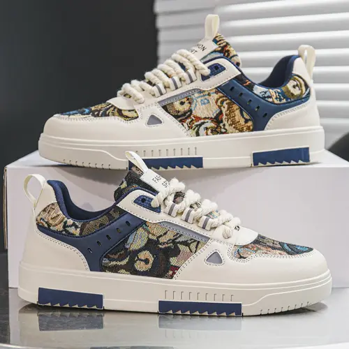 Men's Trendy Colorblock Patchwork Random Print Anti-Slip Skate Shoes, Fashion Sneakers, Footwear Sneakers, Casual Low Top Textile Sneakers for All Seasons, Lace Up Sneaker, PU Textile Sneakers, Patchwork Design Sneakers
