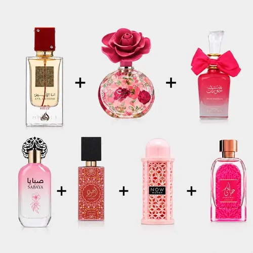 Ana Abiyedh Rouge + Layaan + Bint Hooran Rose Passion + Sabaya + Ajwad Pink to Pink + Rave Now Women + Hayaati Exotic --- 7-piece bundle for women