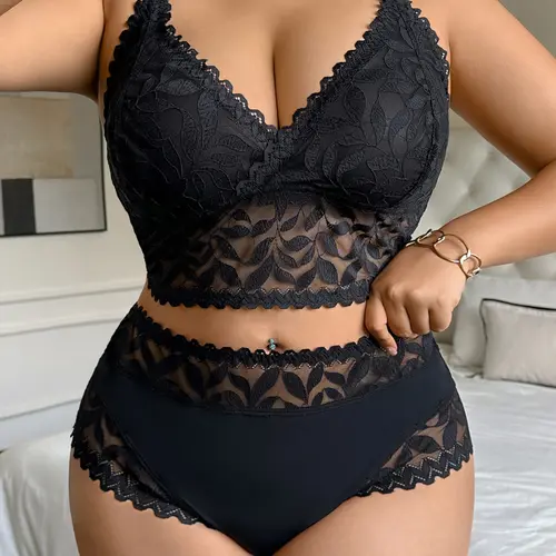 Women's Plus Size Curvy Floral Lace Bra Set, Lingerie, Sexy Wireless Underwear, Underwear Sets, Medium Support, Fitted Design, Perfect Gift, Comfortable Aesthetic Fashion