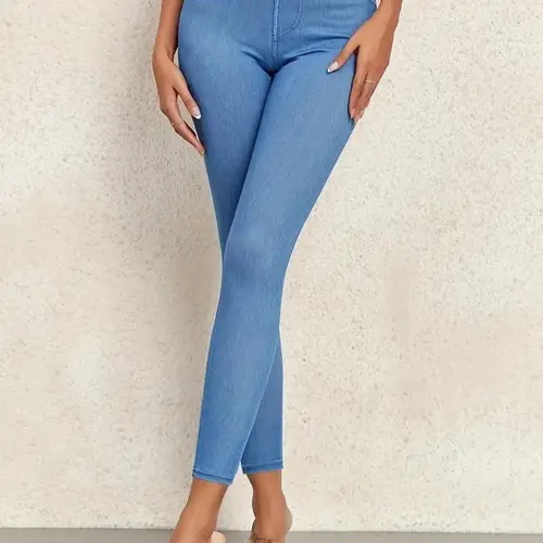 Artificial Denim Printed Leggings Casual High-Waist Daily Elastic Leggings with Fake Pockets Women's Clothing for Casual Outings summerwins,summerwins,travel essentials,camping essentials tiktokshopbacktoschool,back to school,back to school haul,sohochic