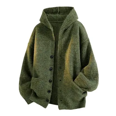 Men's Casual Retro V-Neck Cozy Hood Polyester Knit Cardigan Coat - Stylish, Loose Long Sleeve Plain Everyday Tops for Autumn Winter New Year Menswear Outerwear