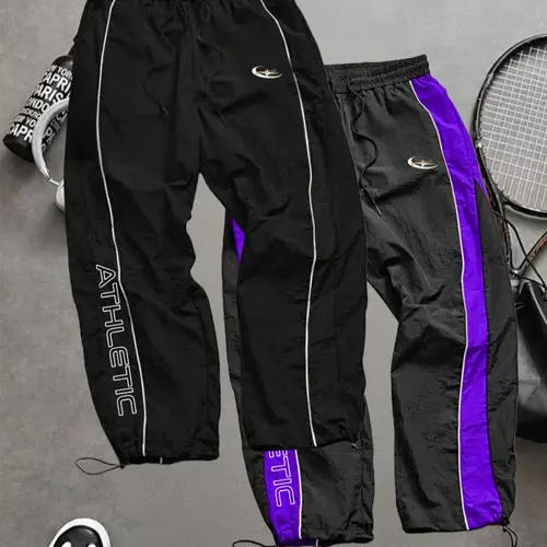 Men's Fashion Casual Sportswear Pants, Unique Print, Taslon Fabric, Lightweight Breathable, Side Stripes, Drawstring Waist, Adjustable Elastic Cuffs, Athletic Running Pants, Casual Comfy Sporty