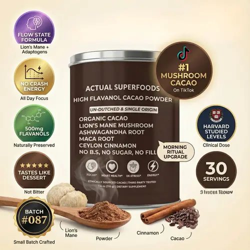 Actual Superfoods Organic High Flavanol Cacao Powder - Sugar-Free Adaptogenic Mix, Single Origin, Non-Alkalised, with Lion's Mane, Maca Root, Ashwagandha, Ceylon Cinnamon - 30 Servings Heart-Healthy Mocha Coffee Alternative Wellness Supplement, Beverage