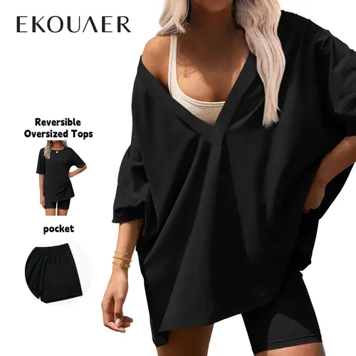 EKOUAER Womens Oversize summer Two-Piece Set - 2026 Casual Oversized V-Neck Slit Shirt and Side-Pocket Riding Shorts - Simple Casual Wear - Soft Spun Acrylic Fabric - Comfortable Homewear - Warm Sleeping Suit - S-2XL
