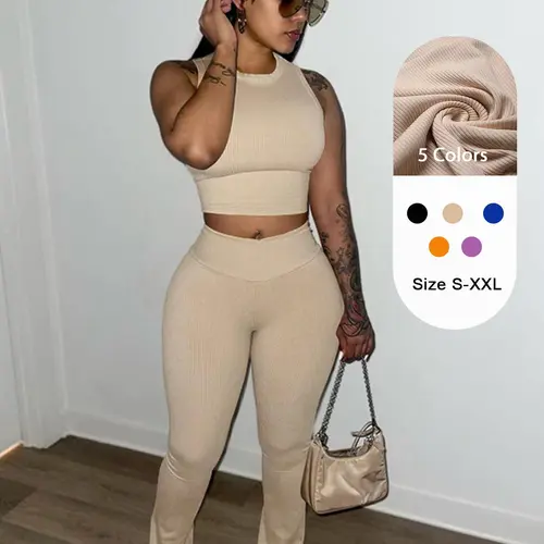 USBoutiqueCHIC Women‘s Ribbed Long-Sleeve Top & Lounge Pants Set | 250GSM Knit Two-Piece Outfit, Comfortable Fall Winter Wear