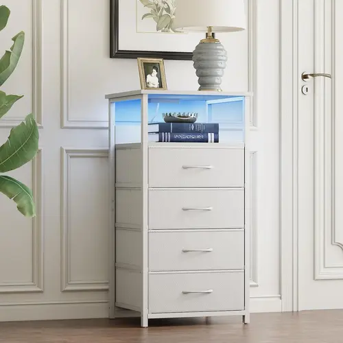 Night Stand with Charging Station, LED Nightstand with U-S-B Ports and Outlets, 4 Fabric Storage Drawers with PU Finish, Bedside Table, White