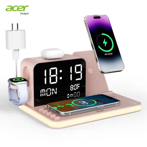 Acer 7-in-1 Wireless Charging Station with LED Night Light, Bluetooth Time Sync Clock, Temperature Display, USB-A/USB-C Ports, Magnetic MagSafe - for Smartphone, Cellphone, Smart Watch, Wireless Earbuds - Electronic Devices Gift