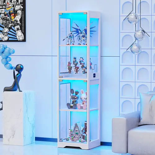 BROTTAR White Indoor Glass Door Display Cabinet, 4-Tier Case with 3 Color Lights, Human Body Sensor, Popup Door Access, Light Up Your Space for Collectibles