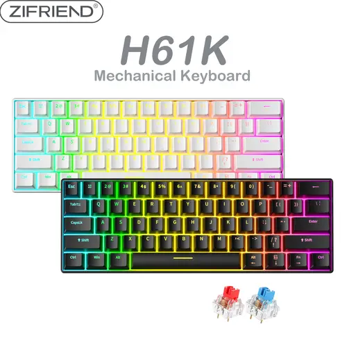 Zifriend x FURYCUBE H61K 60% Wired Gaming Keyboard 61Keys Ultra-Compact Ergonomic, Rainbow Backlit, Hot Swappable Blue Switches Customizable for PC, MAC, PS4, Xbox (Black/White) - Budget Gift for Gaming Setup, Compact Ergonomic Keyboards, Customizable Ke