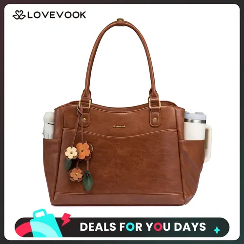 LOVEVOOK Leather Laptop Bag for Women with Large Cup Holder, Vintage Work Tote Bag for Office & Travel, Features a Floral Charm，Thickened Compartment for Computer Protection, Back Zip Pocket,Elegant Design for All Occasions,TikTokShopBackToSchool