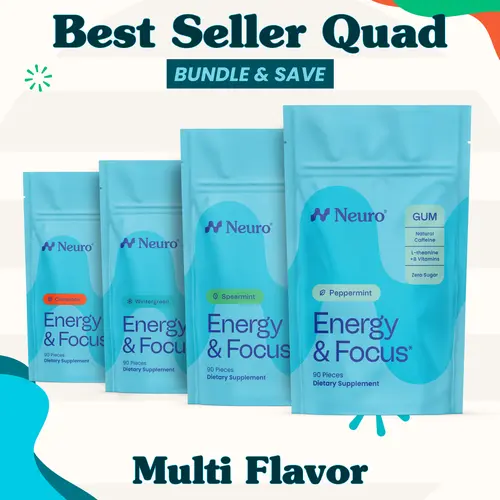 Best Seller Quad - Energy & Focus Caffeine Gum - Multi Flavor (4-Bulk Pouches)