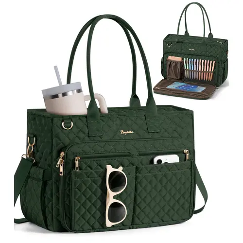 Bagstellar Teacher Tote Bag for Women,15.6 inch Laptop Work Bag with Large Cup Holder&Insulated Pocket, Waterproof Quilted Utility Travel Bag,Shoulder Crossbody Handbag for Mom Wife Teacher Nurse Bible,Daily,School
