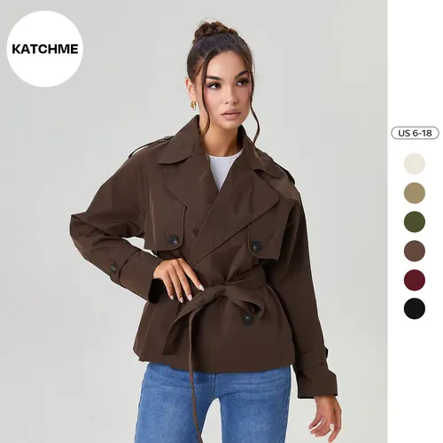 Katch Me Chic Women's Commuter Notch Lapel Double Breasted Detachable Belt Trench Coat, Fall & Winter Plain Wrap Tie Waist Outerwear Jacket, Elegant Trench Coat