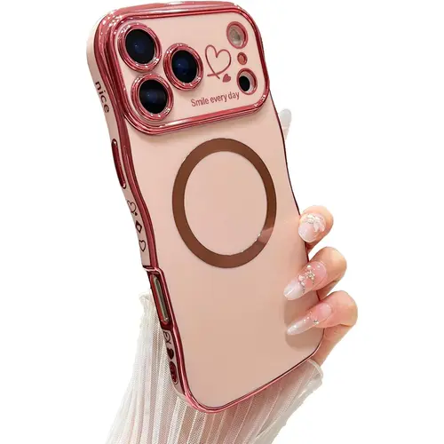 OREKROY Magnetic Phone Case for iPhone 17/16/15/14/13/12 Pro Max, Magsafe-Compatible, Curly Wave Plating Frame Cute Love Heart Casing, Full Camera Lens Protection Soft Durable TPU Shockproof Phone Accessories