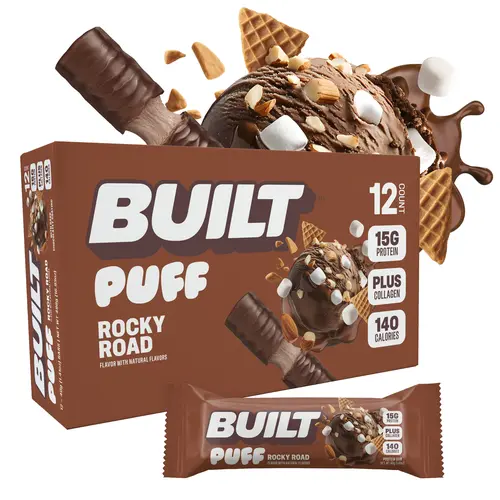 Official BUILT Bar, Puff Protein Bar Snacks, Rocky Road Puff, 15g Protein, 140 Calories, Collagen, Gluten Free, 12 Count Box