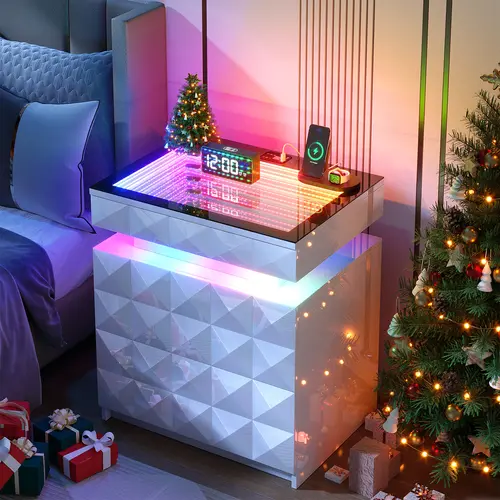 Dystler Modern Nightstand - Tech Ports Bedroom Furniture with Built-in RGB Lights, Tempered Glass Sliding Tunnel Lighting Display Top, 3 Lockable Drawers, Hidden Storage, Clean Aesthetic, Collectibles End Side Table (Requires Assembly)