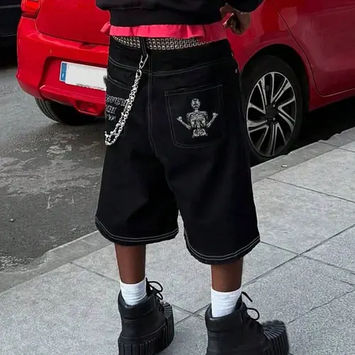 Men's Oversize Loose Fit Denim Shorts with Letter Embroidery, Y2K Streetwear Hip Hop Rock Style, Casual Outdoor Activity Pants Denim Jean Shorts, Denim Jeans Shorts