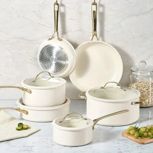 Chef Power 10-Piece Ceramic Non-Stick Pots and Pans Set - Stainless Handles Steady in Heat, Silicone, Saucepan, Lid, Cream White & Gold Accents, Induction/Gas/Electric Safe, Dishwasher & Oven Safe, Frying Pan, Sauce Pan Set, 1.5Qt Saucepan